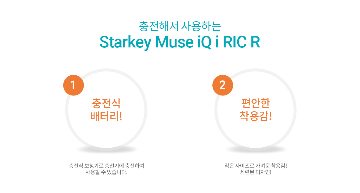 충전해서 사용하는 Starkey Muse iQ i RIC R, 1 충전식 배터리!-충전식 보청기로 충전기에 충전하여 사용할 수 있습니다. 2 편안한착용감! 작은 사이즈로 가벼운 착용감!세련된 디자인!